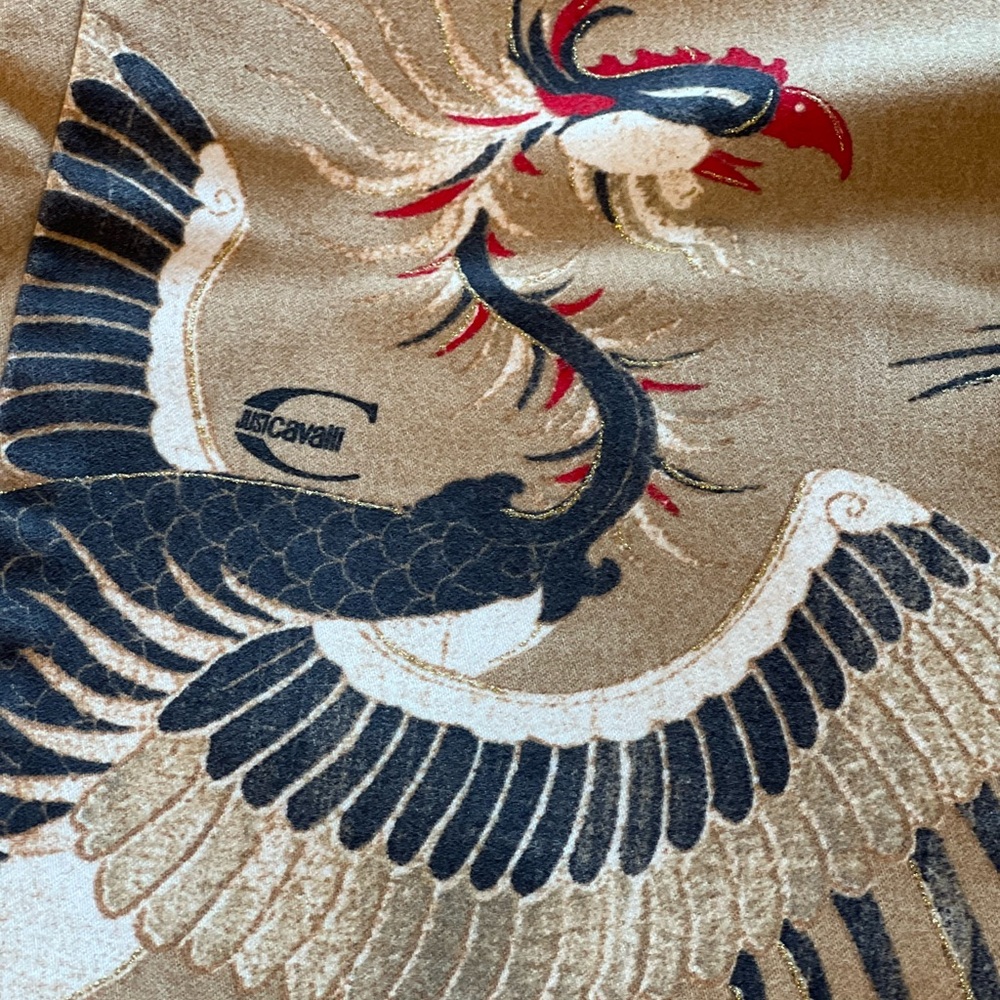 Roberto Cavalli Just Cavalli Y2K Era Beige Pants - Gold Glitter & Japanese Heron